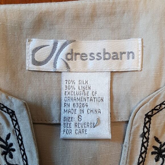 Dressbarn Silk/Linen Tan with Black Embroidery Button Down - Picture 5 of 7